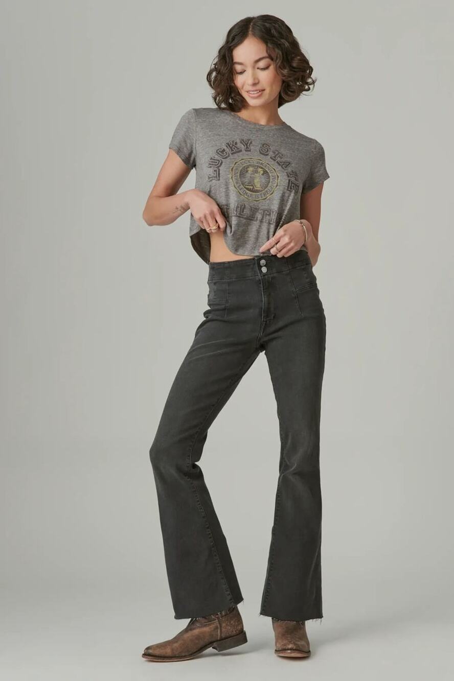 Lucky Brand Seamed Stevie Flare Jeans Women 2/26 Onyx Black Raw Hem Boho 70s Y2K